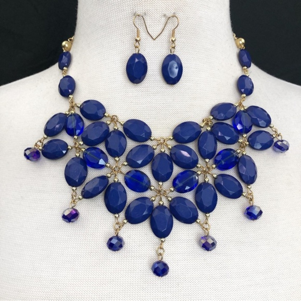 Large Blue Bead Flower Bib Statement Necklace Earrings Set